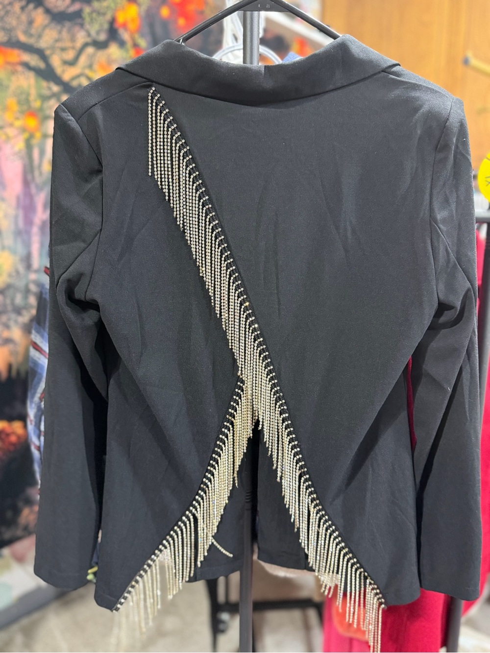 Black Rhinestone Fringe Statement Blazer Small - Picture 6 of 8